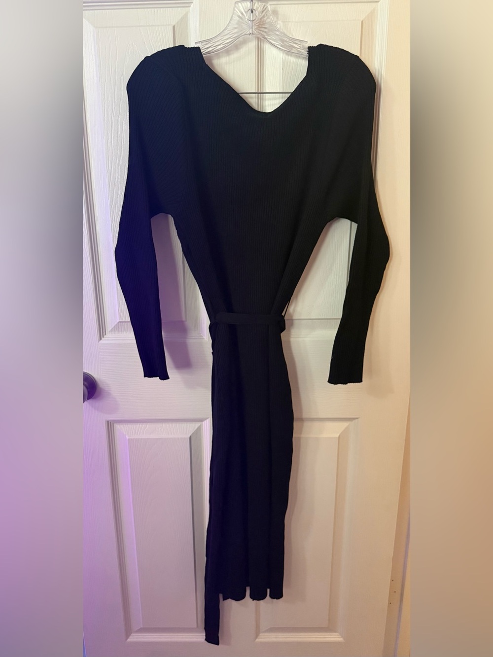 Grace Karin Black Ribbed Long-Sleeve Belted Maxi Dress